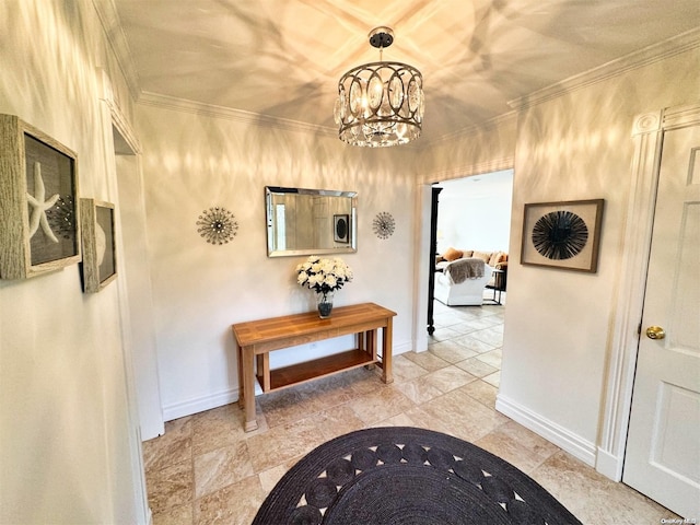 corridor featuring ornamental molding and an inviting chandelier