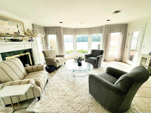 living room with crown molding and a fireplace