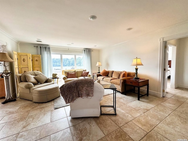 living room with crown molding