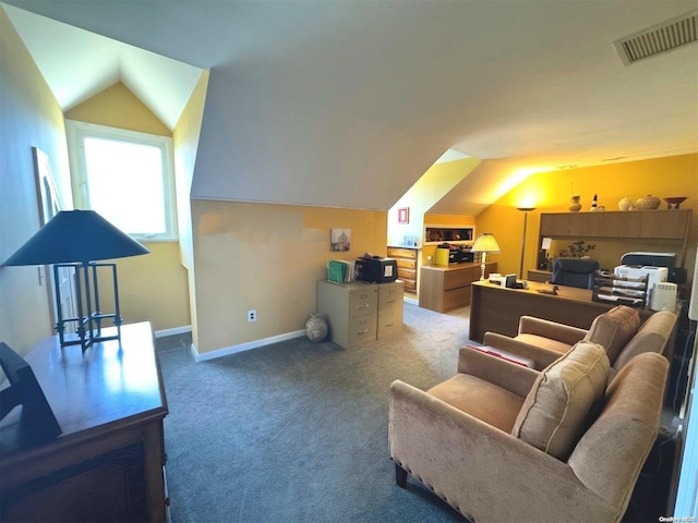 interior space featuring carpet and lofted ceiling