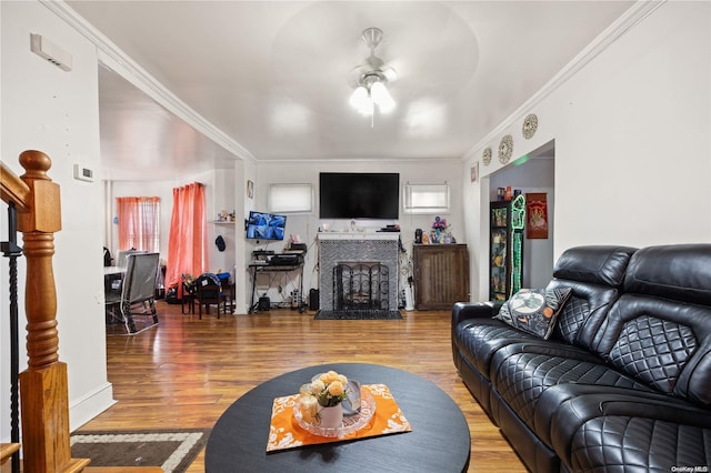 living room with hardwood / wood-style floors, ceiling fan, and crown molding