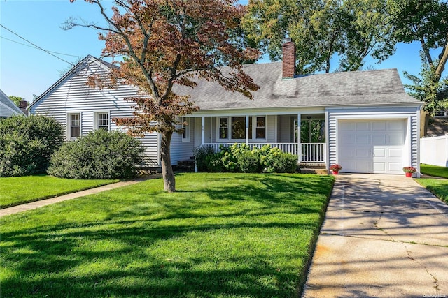 cape cod-style house with a porch, a garage, and a front lawn