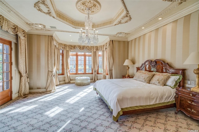 bedroom featuring multiple windows, crown molding, and a chandelier