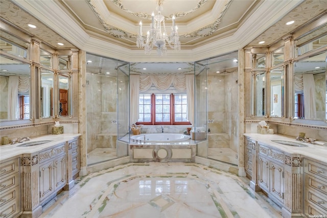 bathroom featuring vanity, crown molding, plus walk in shower, and a tray ceiling