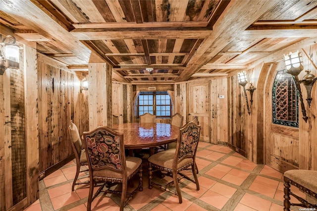 tiled dining room featuring beam ceiling, wood ceiling, and wooden walls