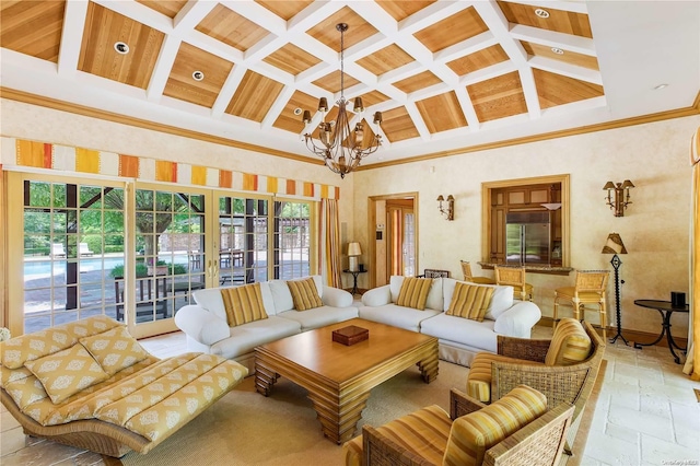 living room featuring coffered ceiling, beam ceiling, a towering ceiling, and a chandelier