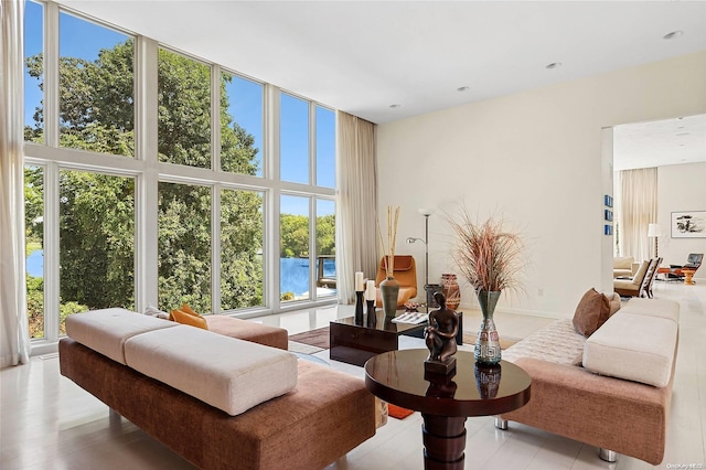 living room with plenty of natural light, light hardwood / wood-style floors, and floor to ceiling windows