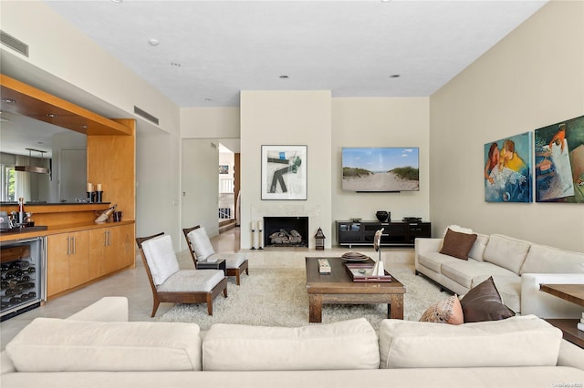 living room featuring beverage cooler