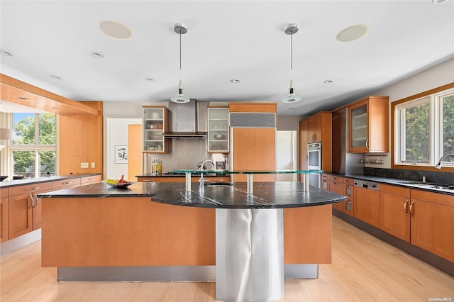 kitchen with a large island with sink, light hardwood / wood-style floors, plenty of natural light, and pendant lighting