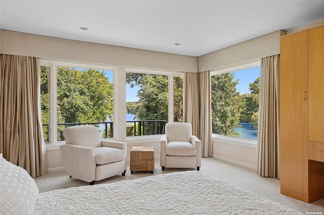 bedroom with multiple windows, light carpet, and a water view