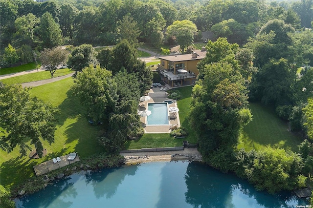 birds eye view of property featuring a water view