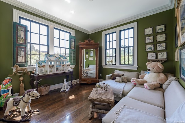 sitting room with dark hardwood / wood-style floors and ornamental molding