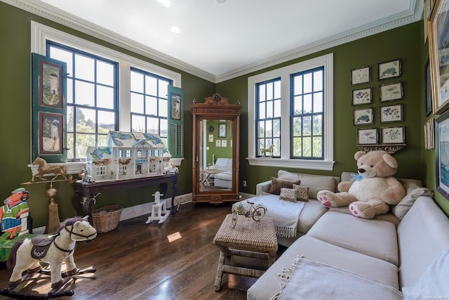 1974 Monroe Ave, North Bellmore, NY 11710 - living area featuring plenty of natural light, dark wood-style floors, crown molding, recessed lighting, and baseboards