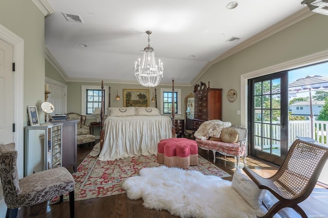 1974 Monroe Ave, North Bellmore, NY 11710 - bedroom with wood finished floors, a chandelier, access to outside, and ornamental molding