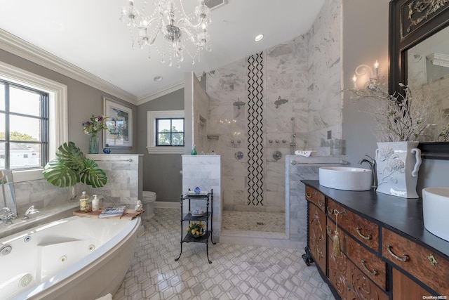 full bathroom featuring tile patterned floors, vanity, crown molding, plus walk in shower, and lofted ceiling