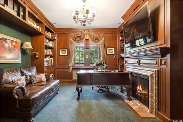 carpeted home office with crown molding and a chandelier