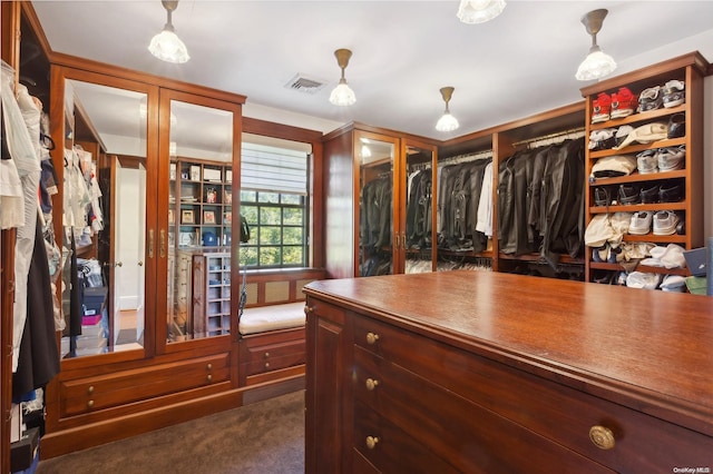 spacious closet featuring dark colored carpet