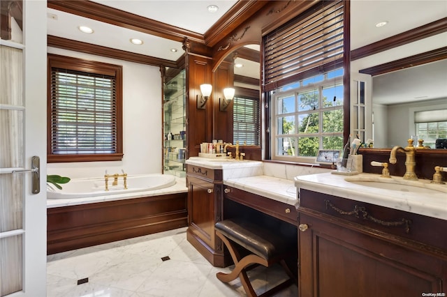 bathroom featuring a tub to relax in, vanity, and ornamental molding