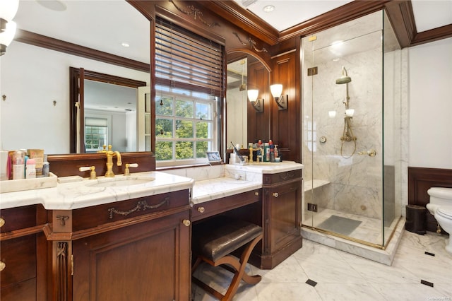 bathroom featuring crown molding, vanity, an enclosed shower, and toilet