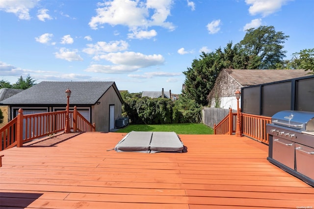 deck with central AC, a grill, and a covered hot tub