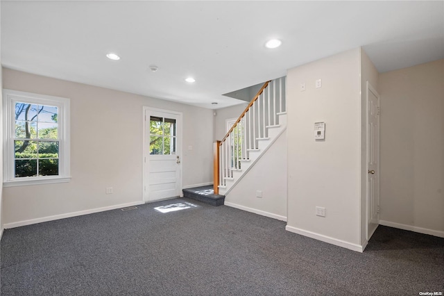 carpeted entryway featuring a wealth of natural light