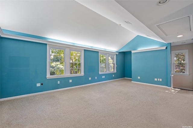 carpeted spare room featuring plenty of natural light and vaulted ceiling