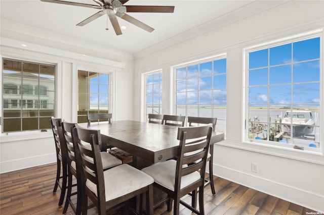 dining room with a healthy amount of sunlight, crown molding, ceiling fan, and dark wood-type flooring