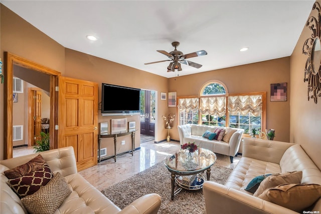 living room with ceiling fan