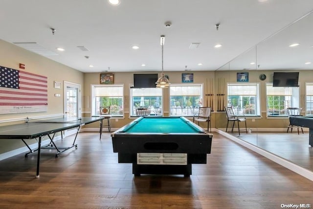 playroom with dark hardwood / wood-style floors and pool table