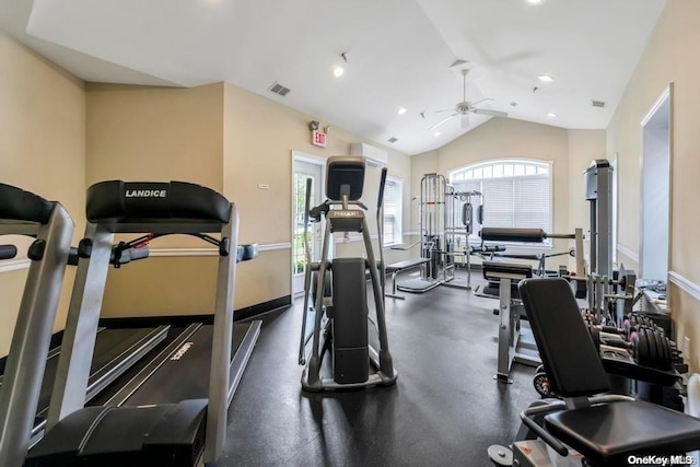 workout area with ceiling fan and lofted ceiling