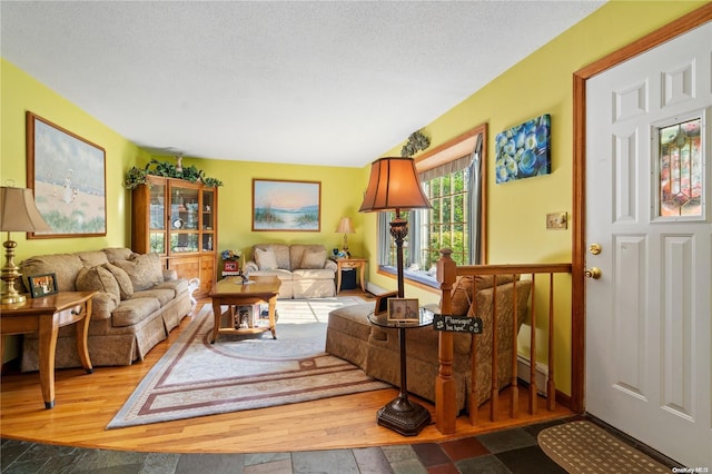 living room with a baseboard radiator, wood-type flooring, and a textured ceiling