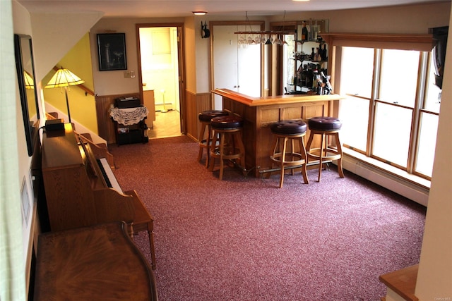 bar with carpet floors and baseboard heating