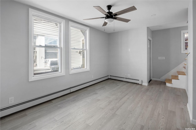 spare room with ceiling fan, a baseboard radiator, and light hardwood / wood-style floors