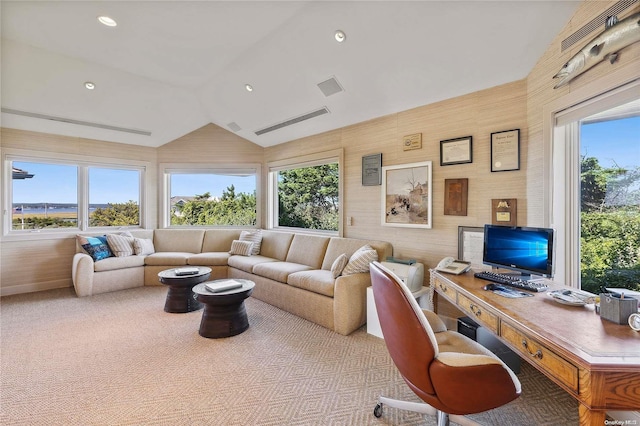 carpeted living room with vaulted ceiling