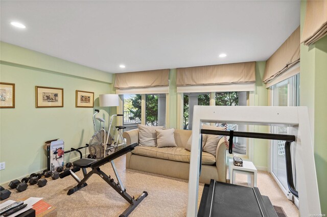 exercise room with light colored carpet