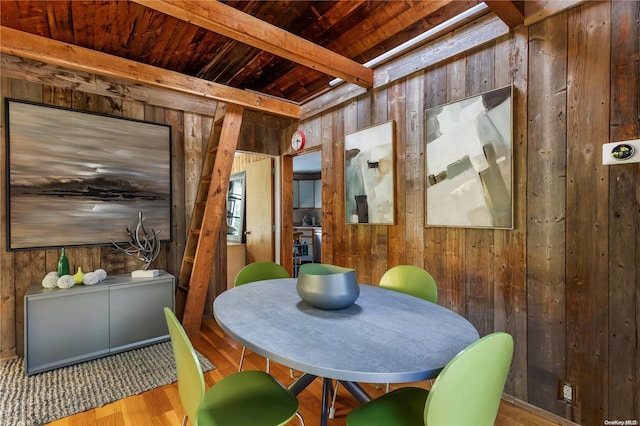 dining area with beamed ceiling, light wood-type flooring, wood ceiling, and wood walls