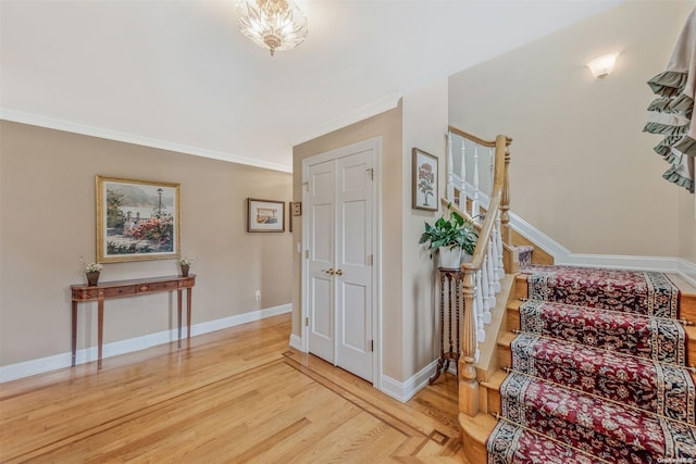 stairs featuring wood-type flooring and crown molding