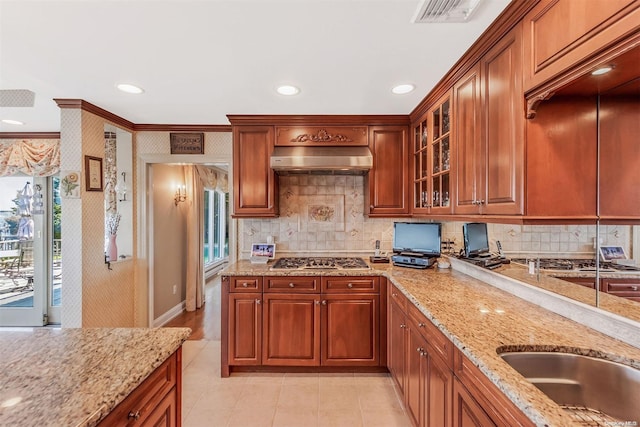 kitchen featuring crown molding, stainless steel gas cooktop, a healthy amount of sunlight, and exhaust hood