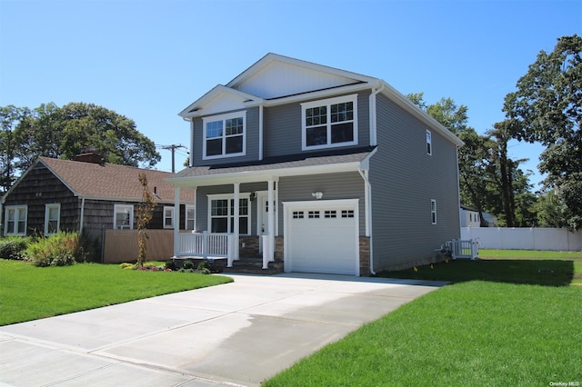 front of property with central AC, a front yard, a porch, and a garage