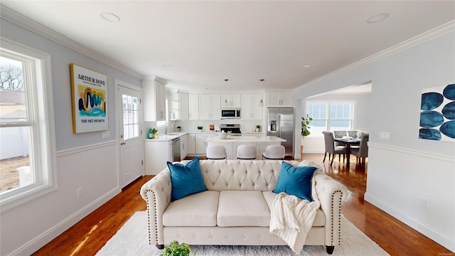 living room featuring ornamental molding, a wealth of natural light, and wood finished floors