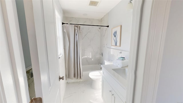 full bathroom featuring marble finish floor, shower / tub combo with curtain, visible vents, toilet, and vanity