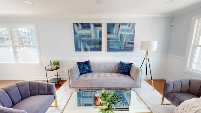 living area with baseboards, ornamental molding, a wealth of natural light, and wood finished floors