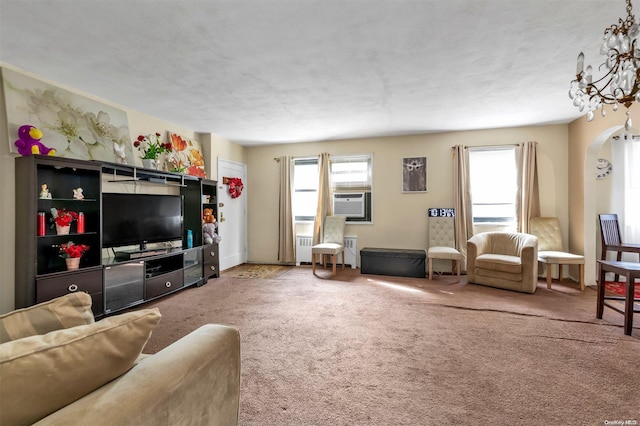 living room featuring carpet flooring, radiator heating unit, and cooling unit