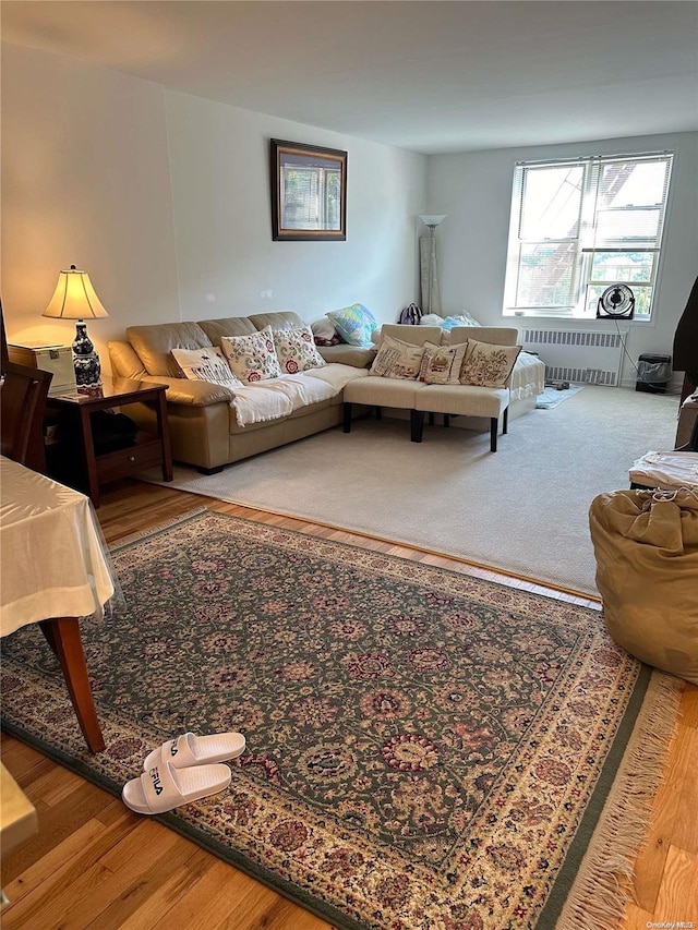 living room featuring hardwood / wood-style floors and radiator