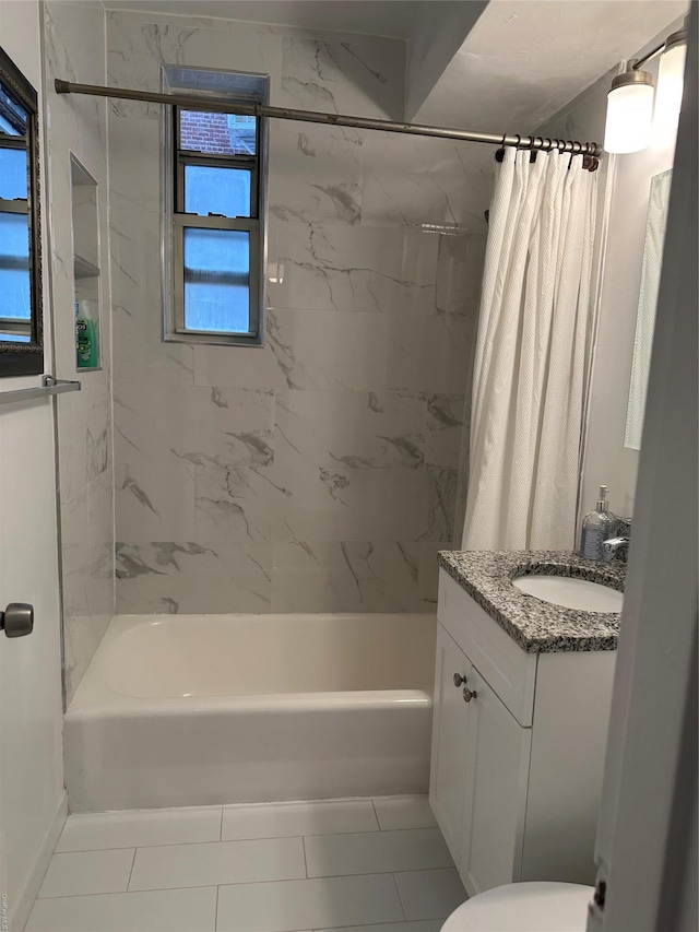 full bathroom featuring shower / bath combination with curtain, vanity, toilet, and tile patterned flooring