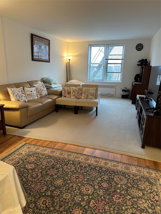 bedroom with hardwood / wood-style flooring and radiator heating unit