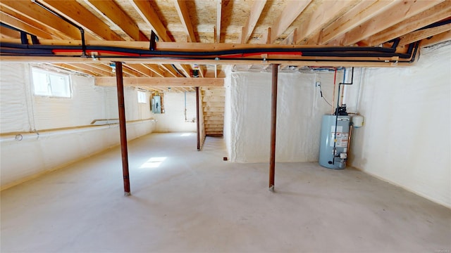 basement with electric panel and water heater