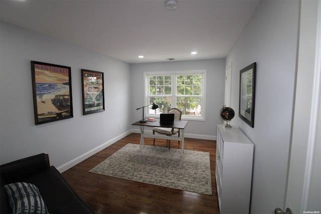 home office featuring dark hardwood / wood-style flooring