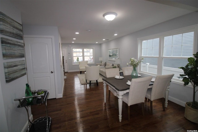 dining space with dark wood-type flooring