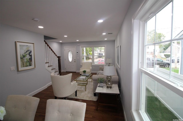 living room with dark hardwood / wood-style flooring